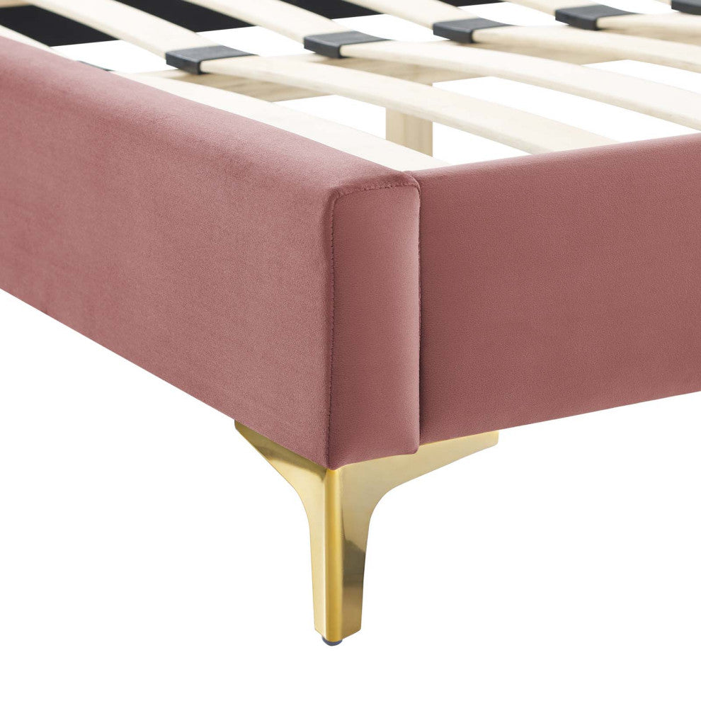Tufted Platform Bed Frame, Queen Size, Velvet, Pink, Modern Contemporary