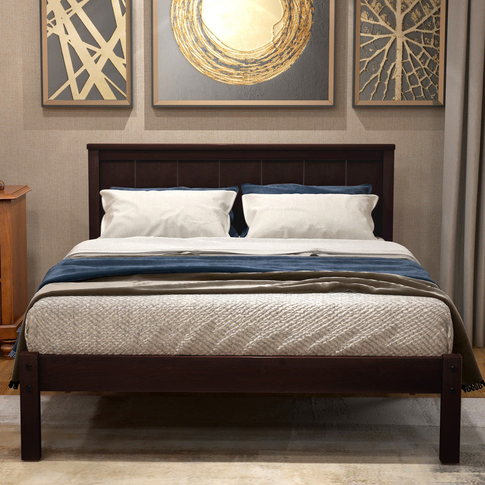 Gewnee Platform Bed Frame with Headboard , Wood Slat Support in Espresso