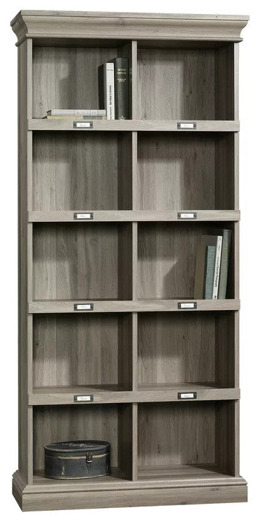 Tall Bookcase, Wood Frame & 10 Open Compartments With ID Label Tags, Salt Oak