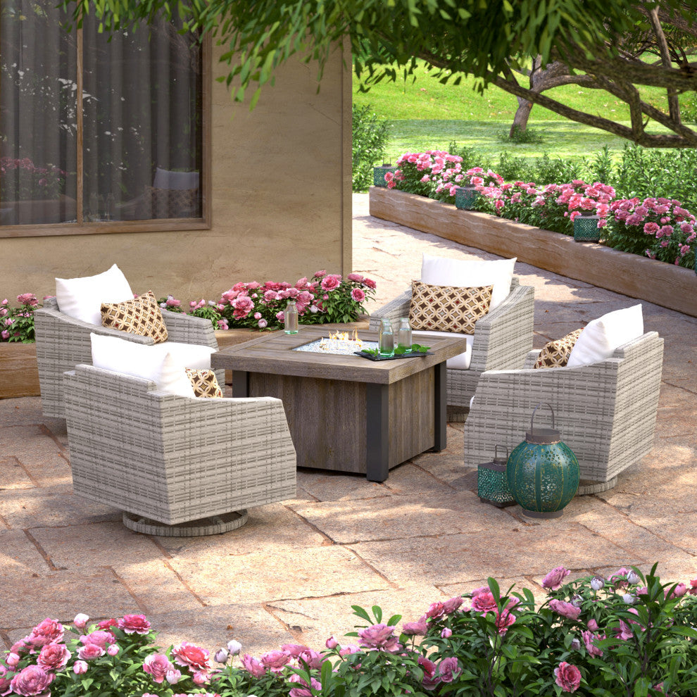 Cannes 5 Piece Sunbrella Motion Outdoor Fire Chat Set, Moroccan Cream