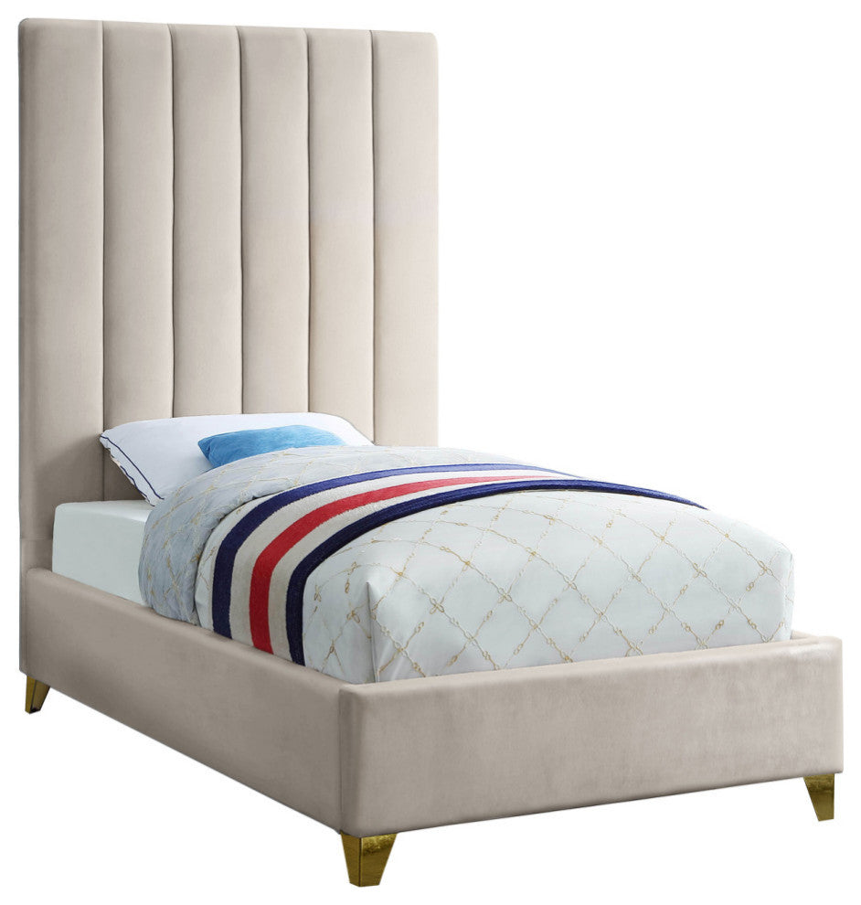 Via Velvet Upholstered Bed, Cream, Twin
