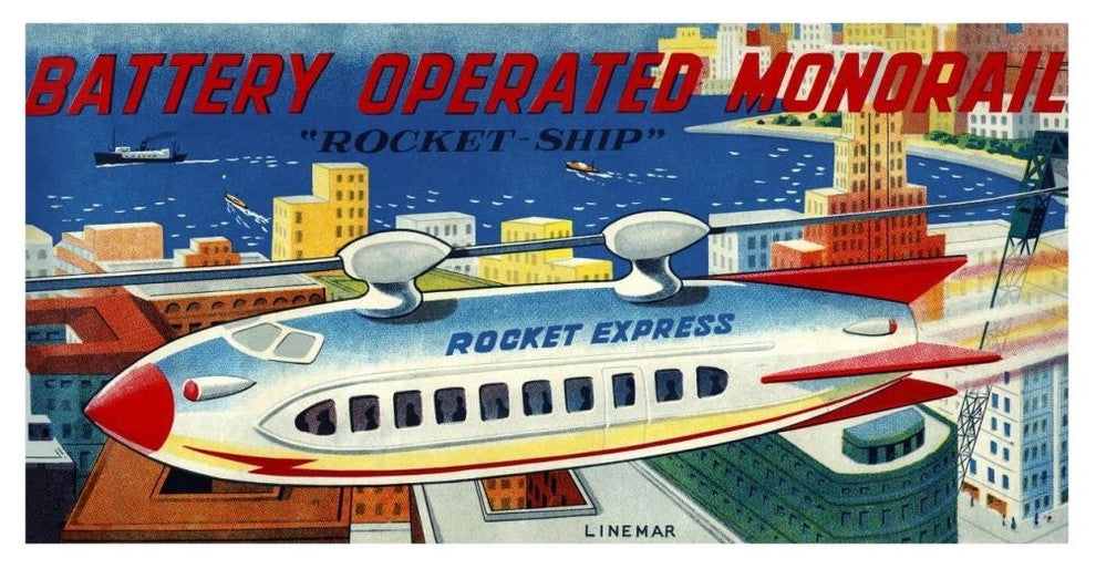 "Battery Operated Monorail "Rocket Ship" Print by Retrorocket, 46"x24"