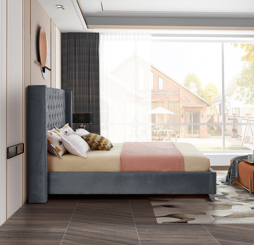 Ames Velvet Bed, Gray, King