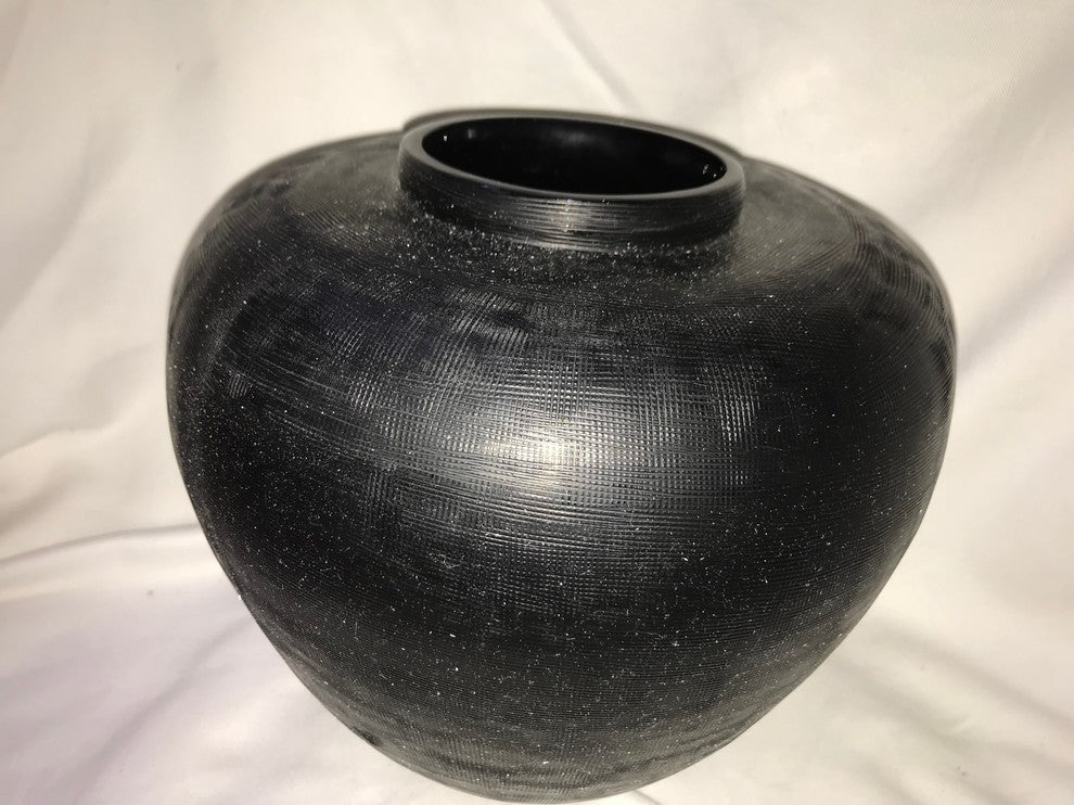 Donna Karan Lenox Artisan Glass, Black, Etched Linear  Round  Vase  8"