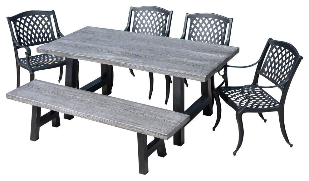 GDF Studio 6-Piece Chris Outdoor Aluminum Dining Set With Gray Table and Bench