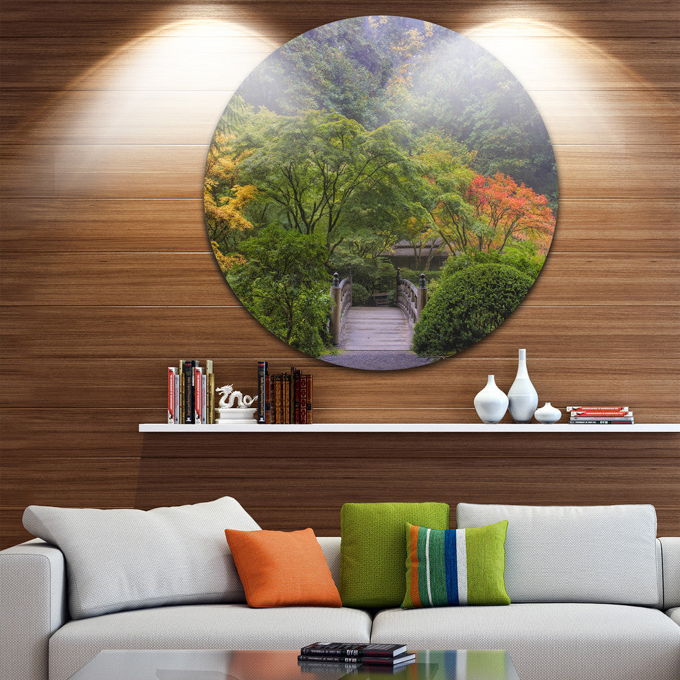 Foggy Dawn In Japanese Garden, Landscape Photo Disc Metal Wall Art, 23"
