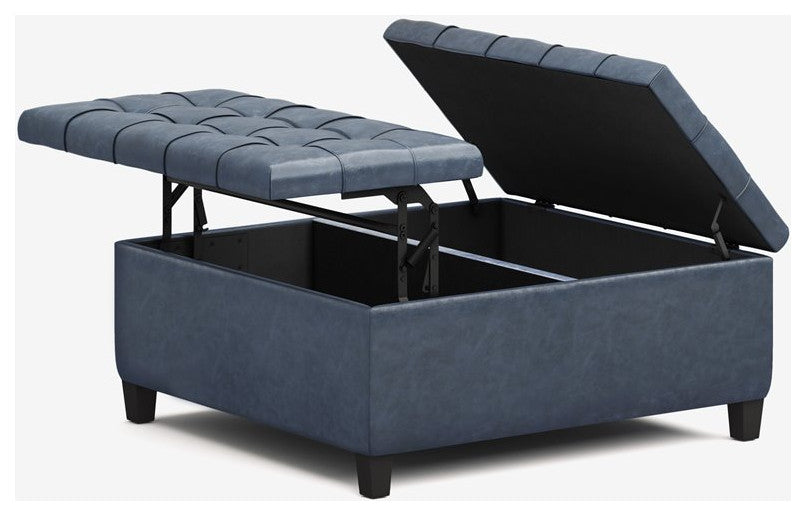 Simpli Home Harrison 36" Faux Leather Coffee Table Storage Ottoman in Denim Blue