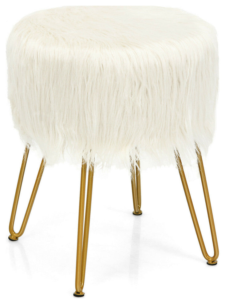 Costway Faux Fur Vanity Chair Makeup Stool Furry Padded Seat Round Ottoman