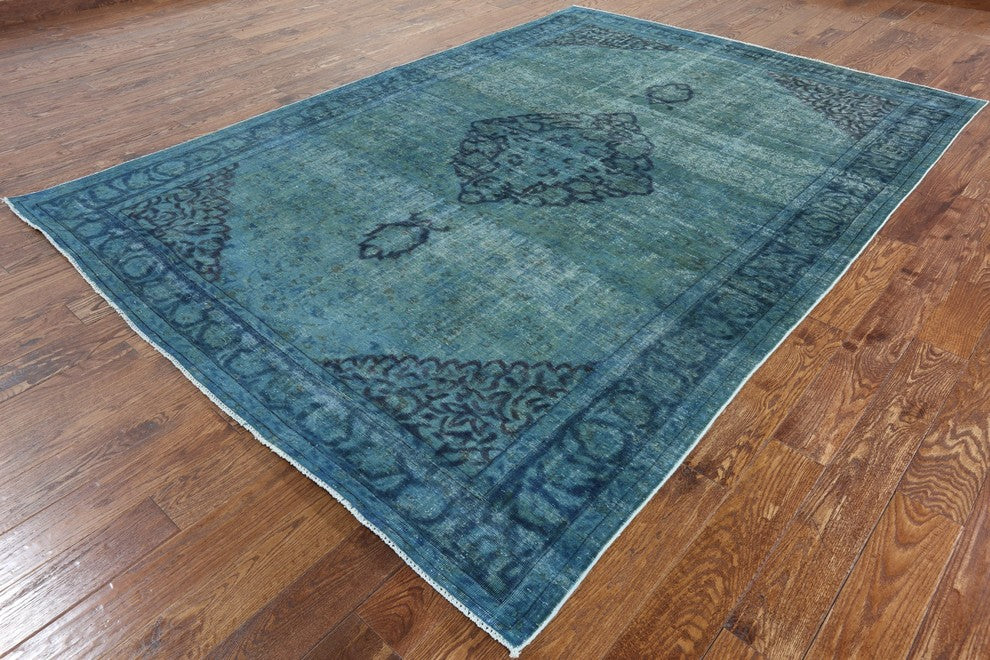 Traditional 7x10 Green Overdyed Hand Knotted Floral Oriental Wool Area Rug