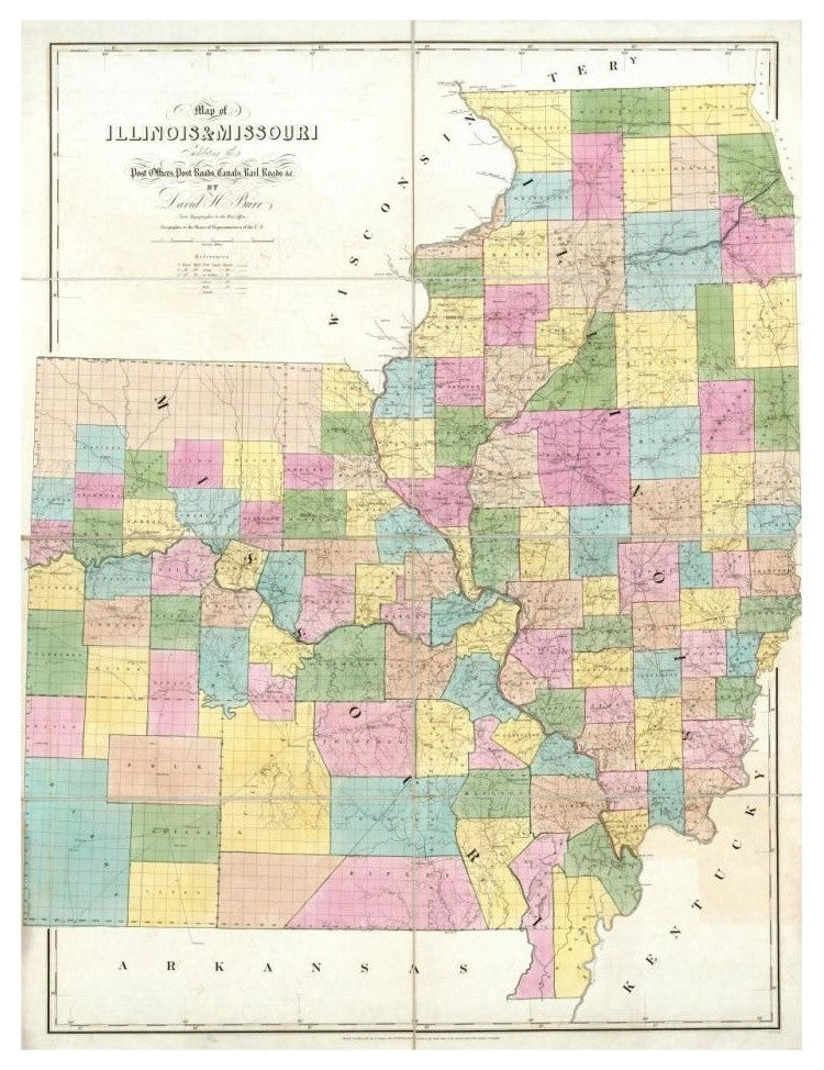 "Map of Illinois & Missouri, 1839" Digital Paper Print by David H. Burr, 25"x32"