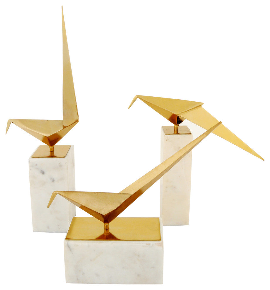 Bird Statue III Gold Finish on Metal with White Marble Base