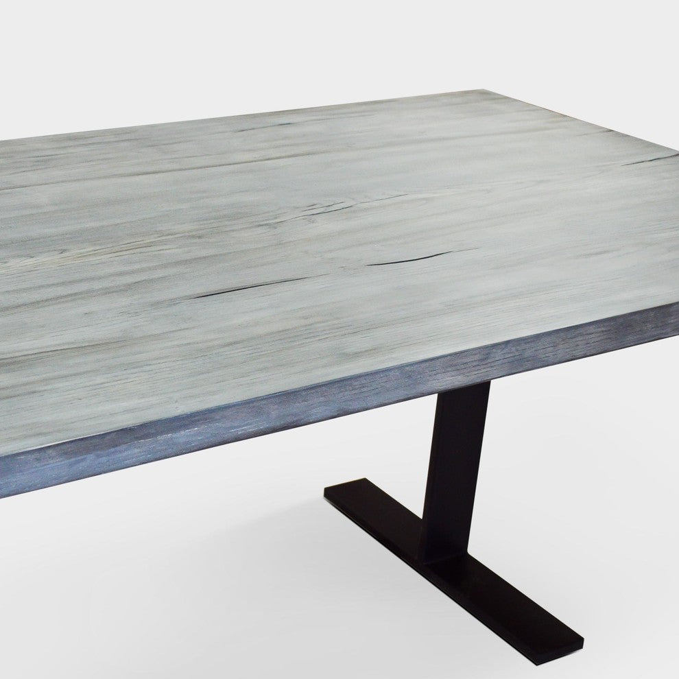 White Oak Plank Dining Table and Black Metal Legs, Light Gray