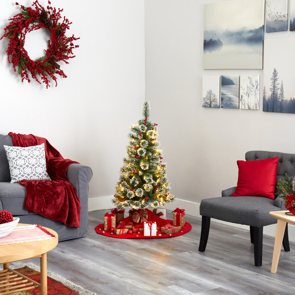 4' Frosted Swiss Pine Faux Christmas Tree With 100 Clear LED Lights and Berries