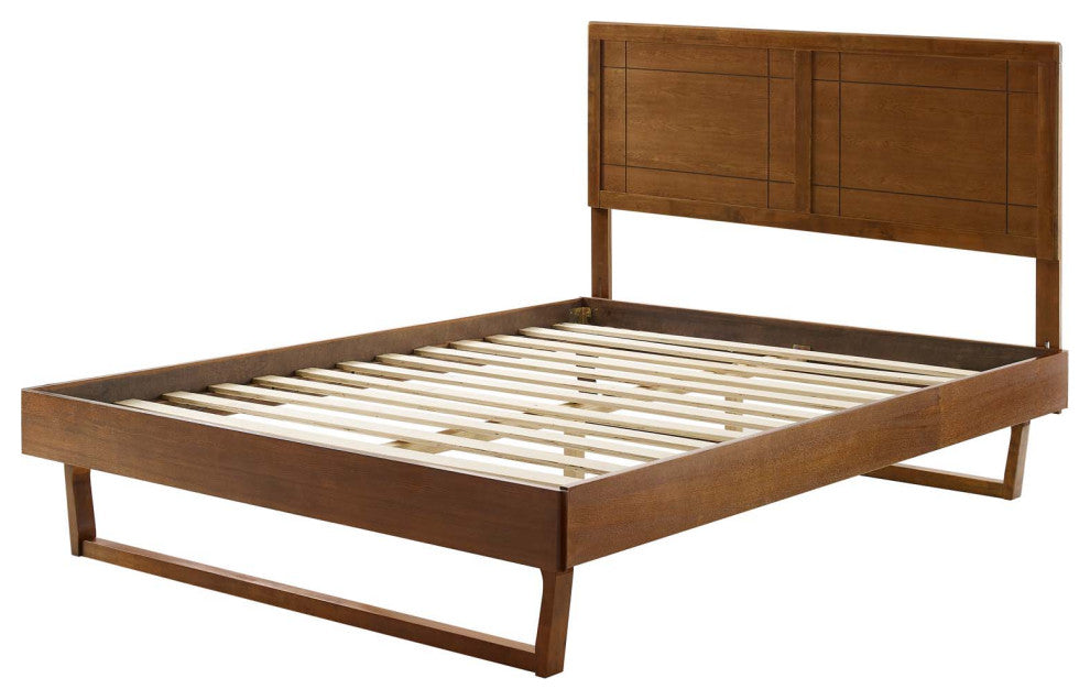 Platform Bed Frame, King Size, Wood, Brown Walnut, Modern Mid-Century, Bedroom