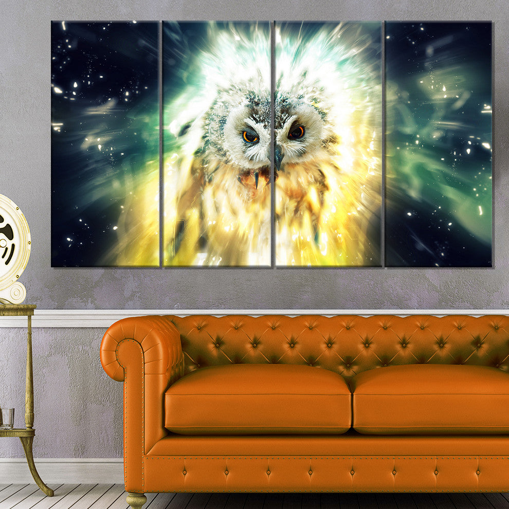 Owl over Colorful Abstract Image, Animal Canvas Wall Art, 48"x28", 4 Panels
