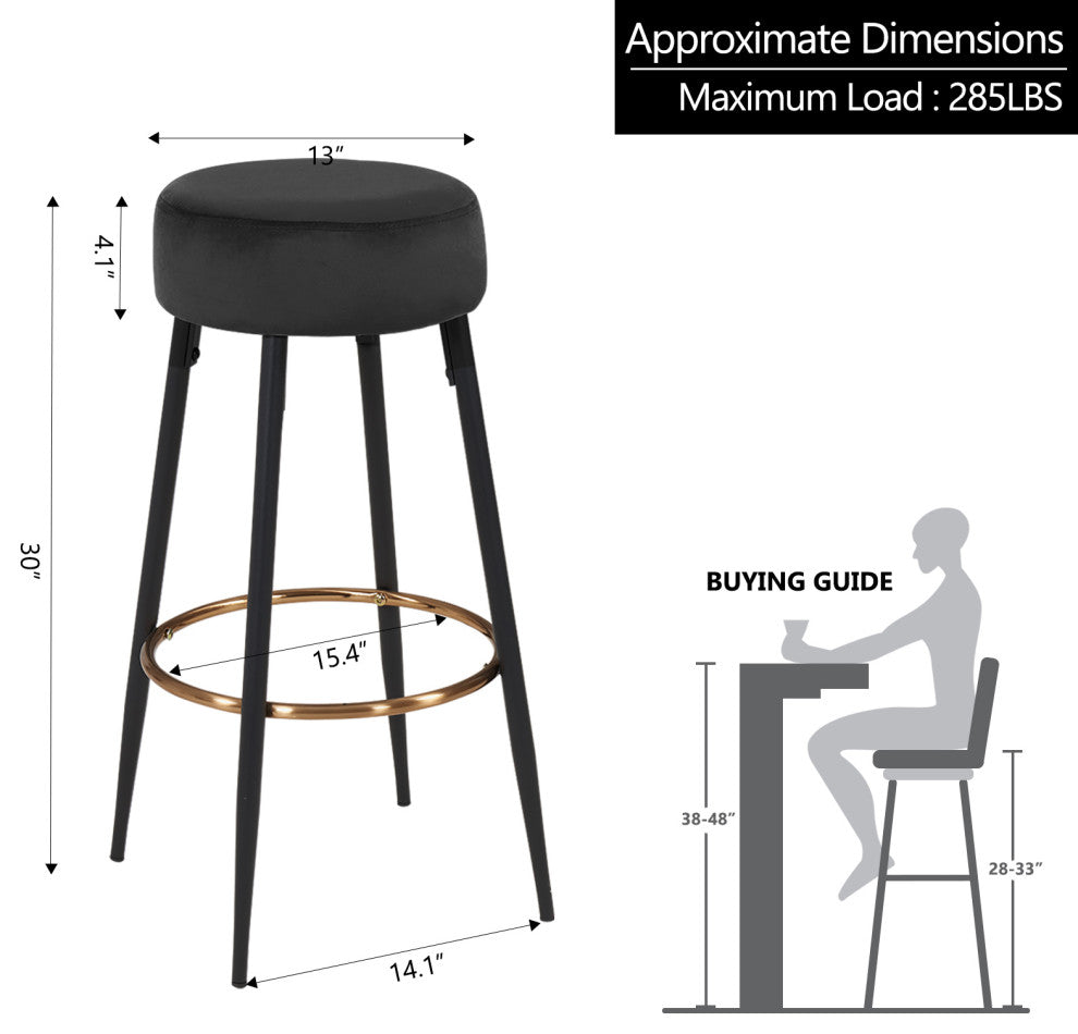 Minimalist Round Bar Stools, Black Velvet - 1 Piece, 30 Inch