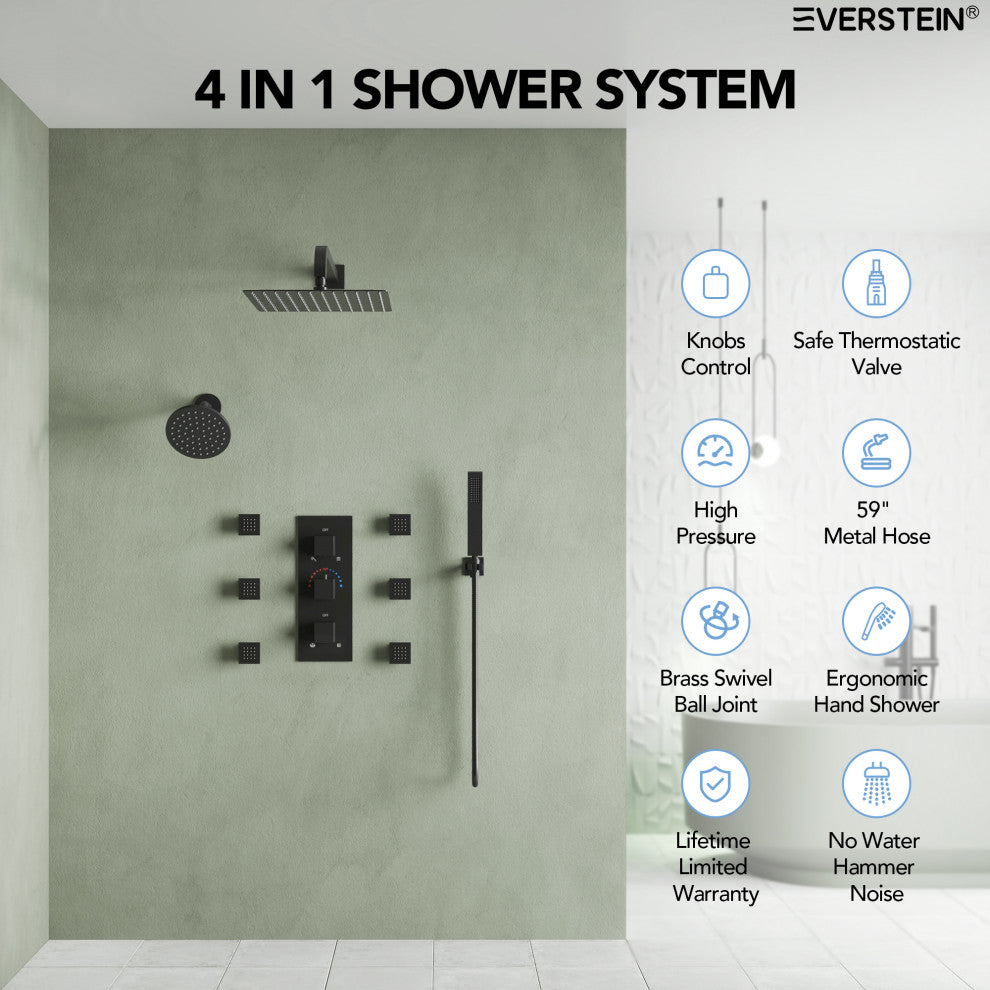 Dual Heads 12" Rain Shower System With 3 Way Thermostatic Faucet,Body Jets, Matte Black
