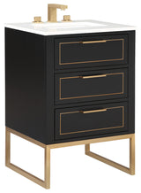 Markham Bathroom Vanity, Midnight Black/Satin Brass, 24", Calacatta Quartz Top