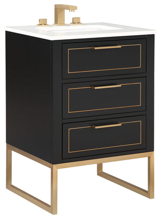 Markham Bathroom Vanity, Midnight Black/Satin Brass, 24", Calacatta Quartz Top