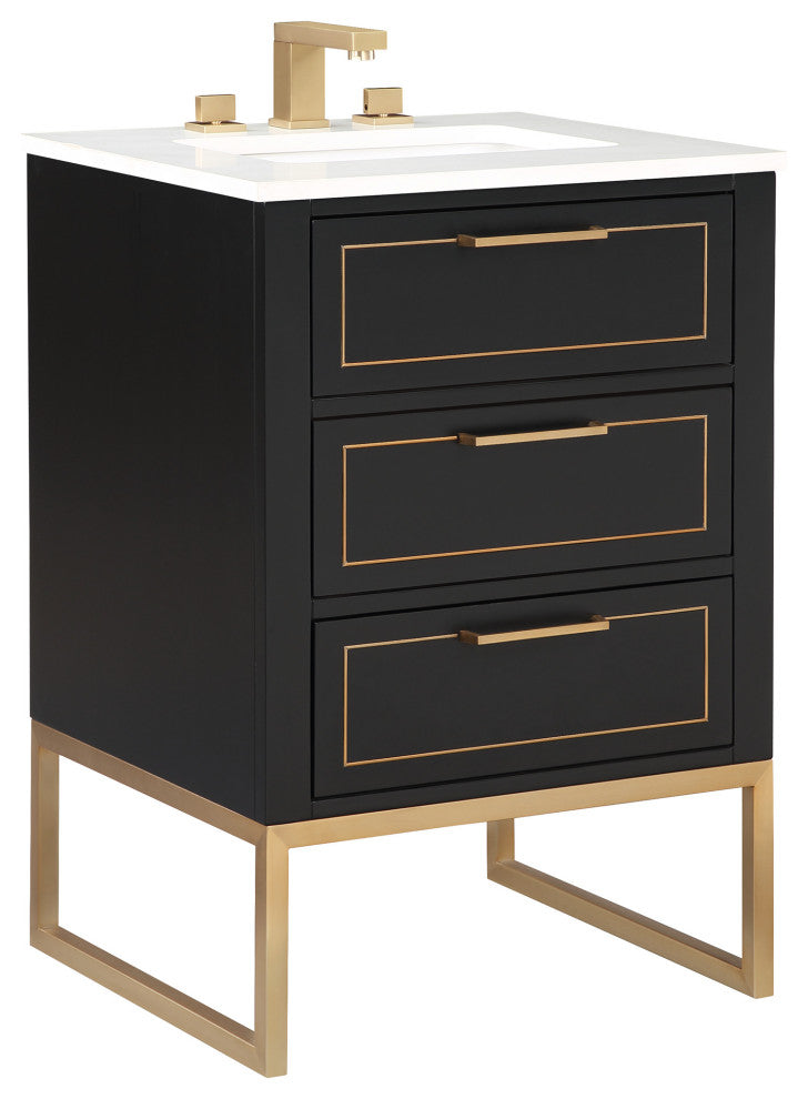 Markham Bathroom Vanity, Midnight Black/Satin Brass, 24", Calacatta Quartz Top