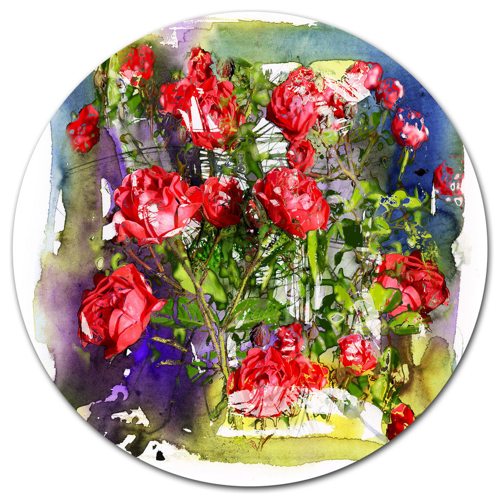 Red Roses Bunch Watercolor, Floral Large Disc Metal Wall Art, 38"