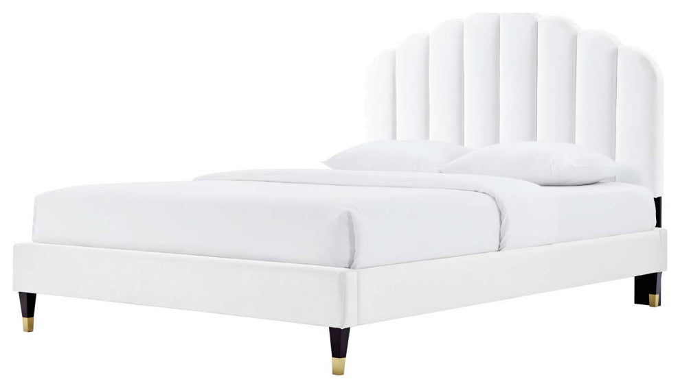 Platform Bed Frame, Queen Size, White, Velvet, Modern, Bedroom Guest Suite