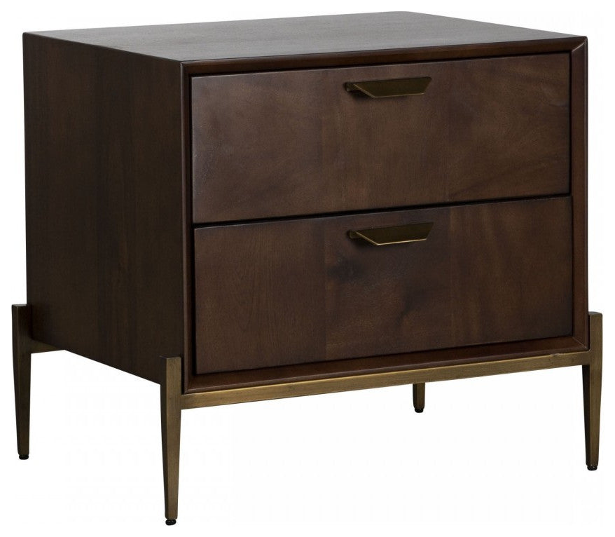 Modern Dark Mango Acacia and Brass Nightstand With Two Drawers