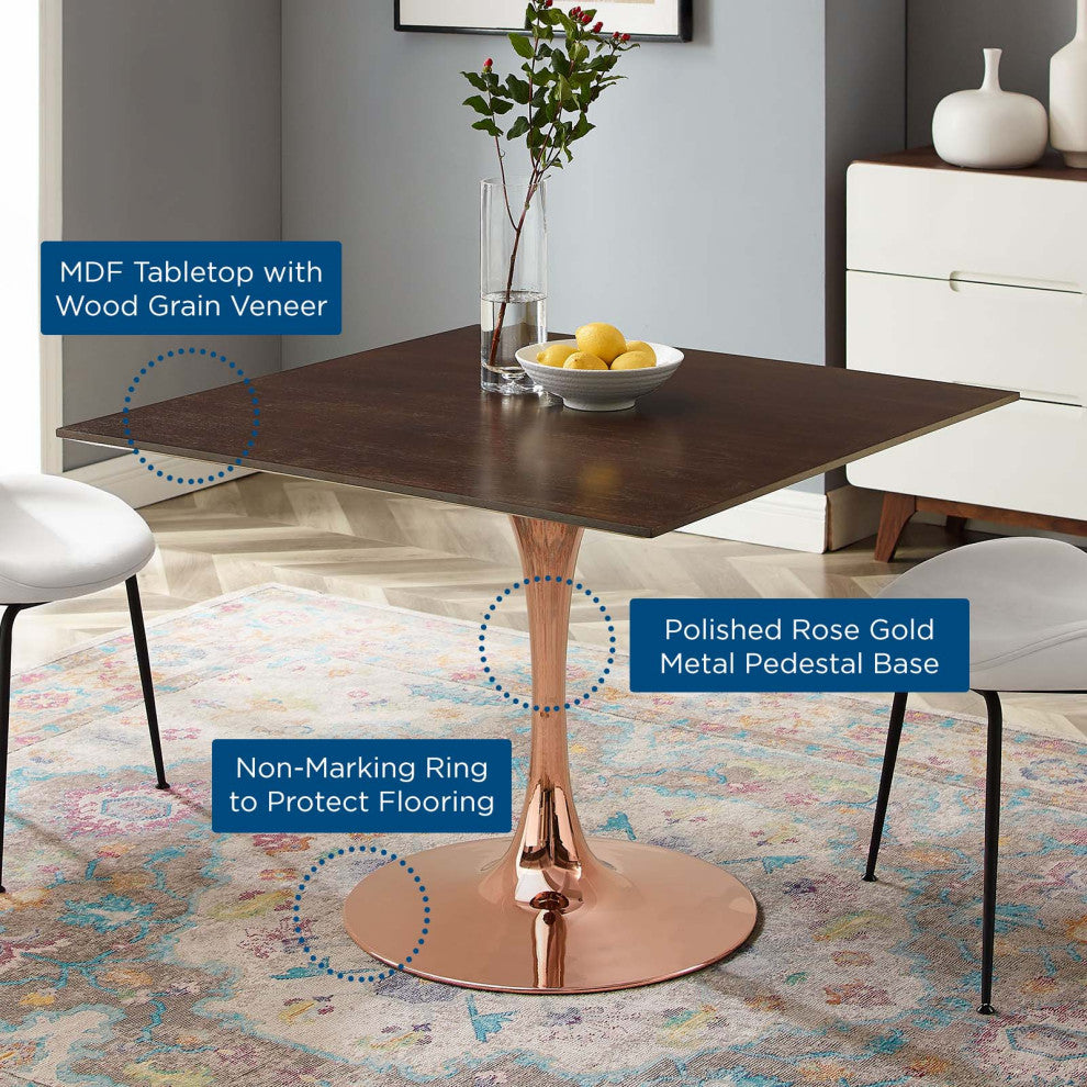 Dining Table, Square, Wood, Rose Gold Dark Brown Brown Walnut, Modern, Bistro