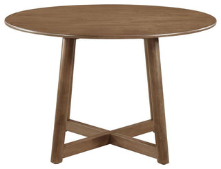 Round Wooden Dining Table With Interlocking Open Leg, Light Walnut