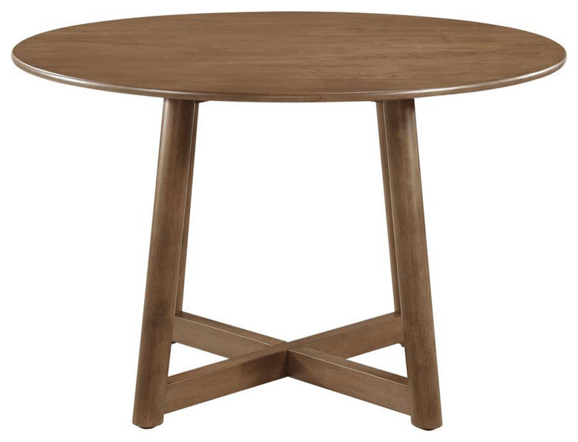 Round Wooden Dining Table With Interlocking Open Leg, Light Walnut