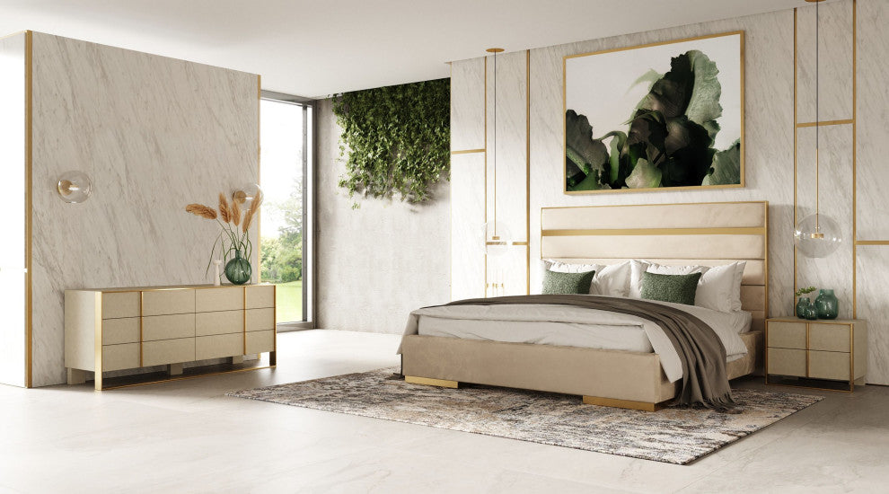 Cartier Beige Velvet + Brushed Brass 4-Piece Bedroom Set, California King