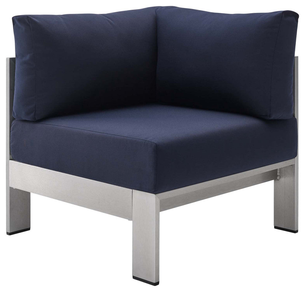 Sectional Sofa Chair Table Set, Sunbrella, Aluminum, Silver Blue Navy, Outdoor