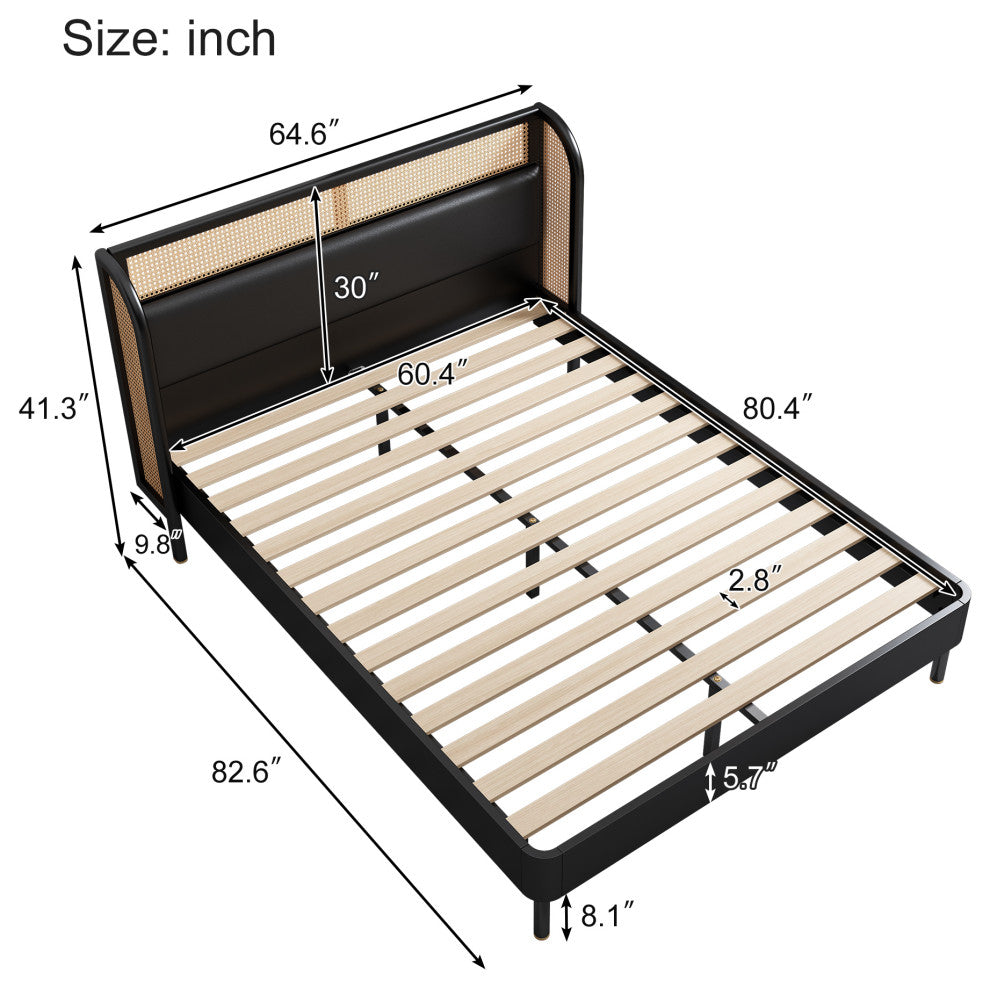 TATEUS PU Modern Cannage Rattan Wood Platform Queen Bed, Black