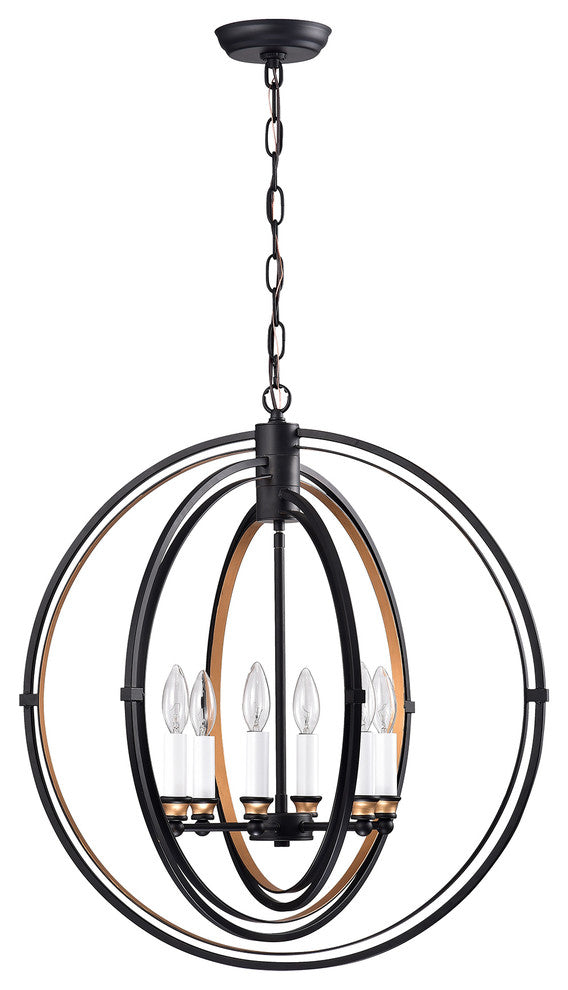 6-Light Black Bronze Triple Hoop Globe Chandelier