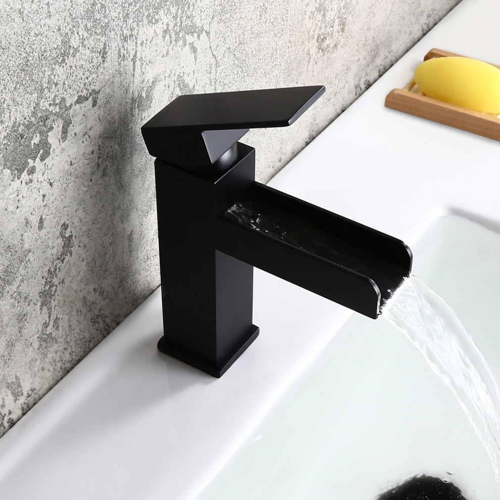 Modern Single Handle One Hole Waterfall Bathroom Sink Faucet Solid Brass, Matte Black
