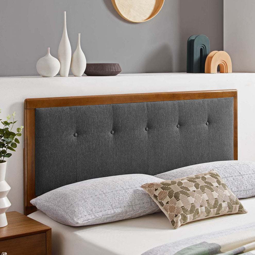 Tufted Headboard, Full Size, Wood, Fabric, Brown Walnut Gray, Modern