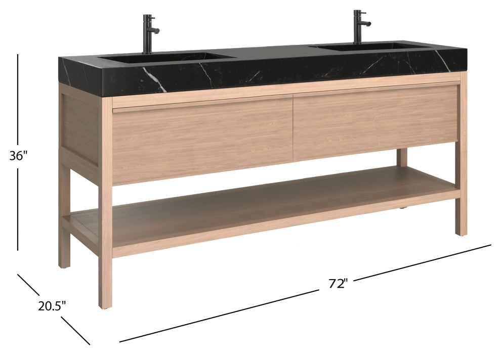Shoji Bath Vanity, Whitewash Oak, 72", Double Sink, Freestanding