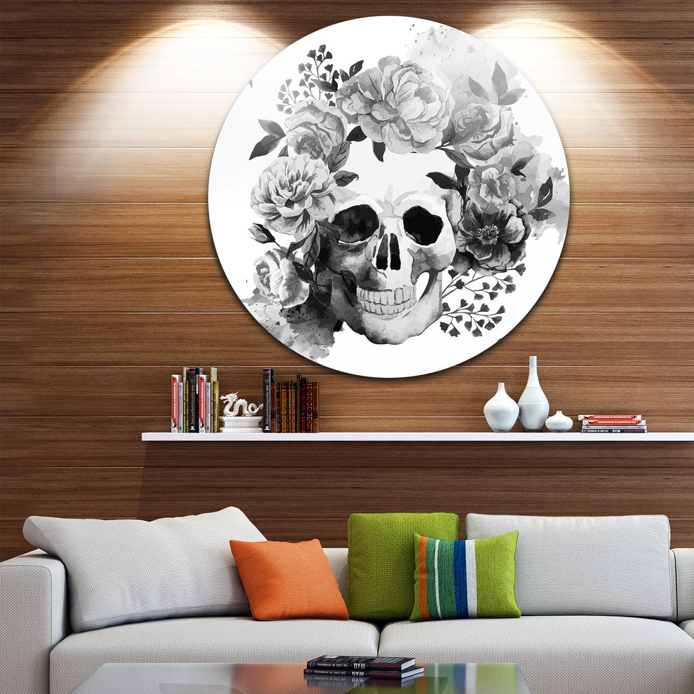 Peony Watercolor Skull, Digital Disc Metal Artwork, 11"