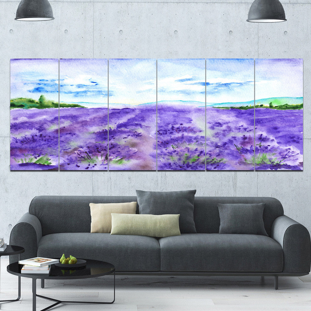 Lavender Fields Watercolor, Landscape Canvas Art Print, 70"x28", 6 Panels