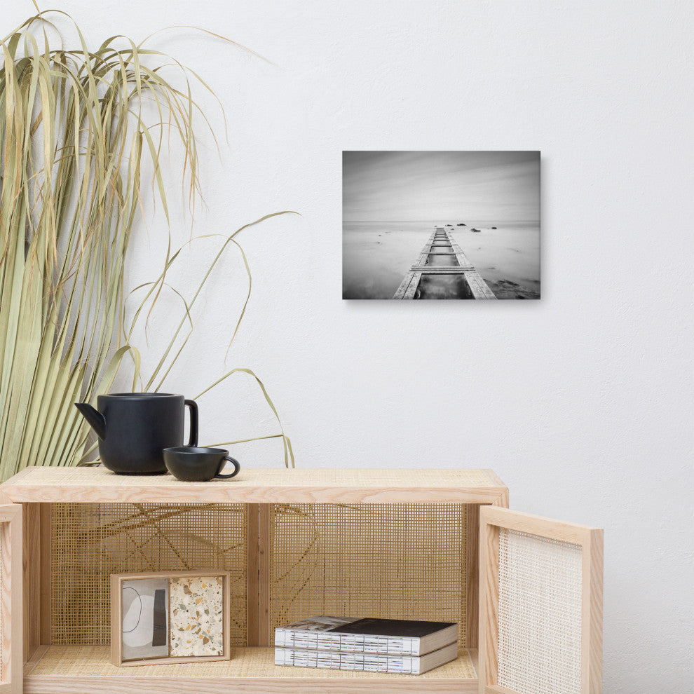 Moody Ocean & Sky Wooden Pier Black & White Landscape Photo Canvas Art Print, 12" X 16"