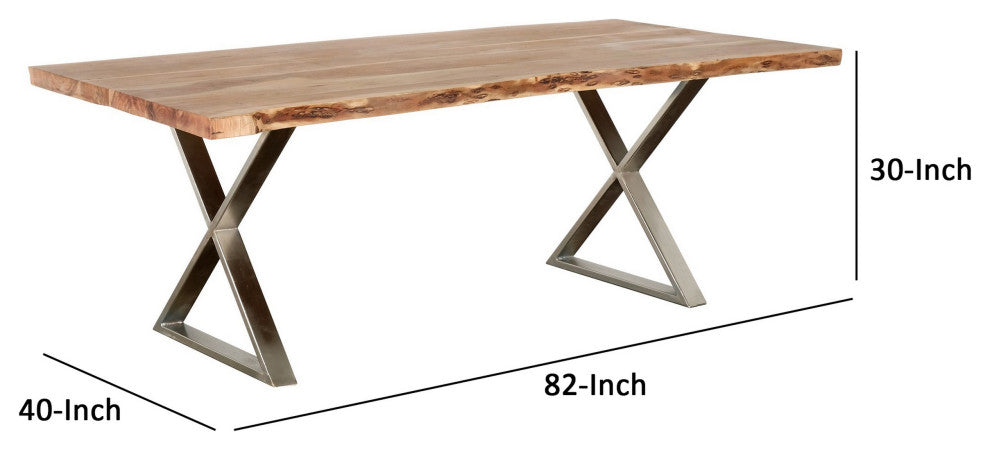 Benzara BM286396 Dining Table, Wood Top and Crossed Legs, Brown, Chrome