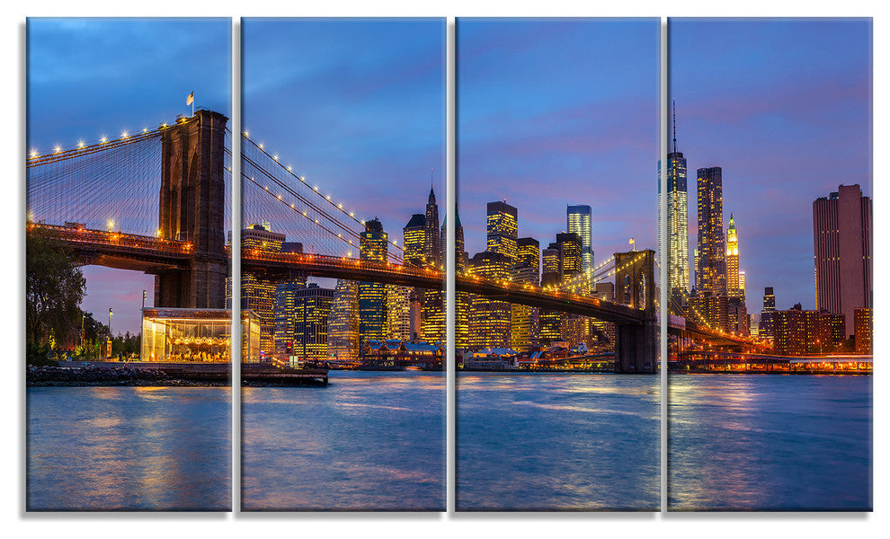 "Brooklyn Bridge With Lights and Reflections" Art, 48"x28", 4-Panels