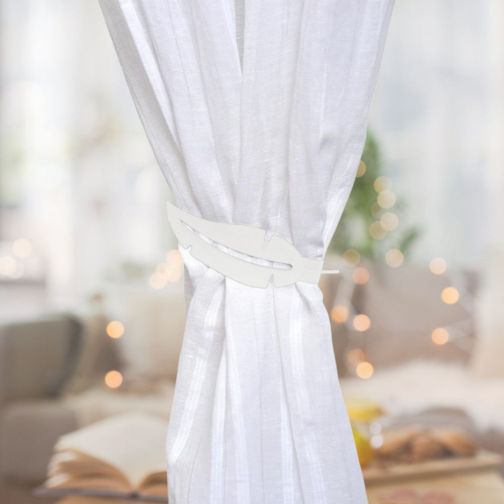 Metal Feather Curtain Tiebacks with Magnetic Closure "“ No Installation Needed, White, Pack of 1