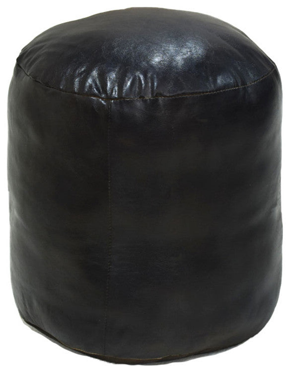 Pouf-Solid Handmade Leather Pouf (Recycled Foam with Fiber Fill), Chocolate Brown, (Round)16x16x16