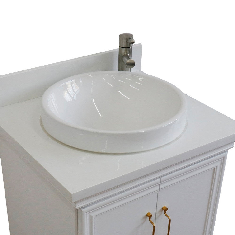 25" Single Vanity, White Finish With White Engineered Stone Top And Round Sink