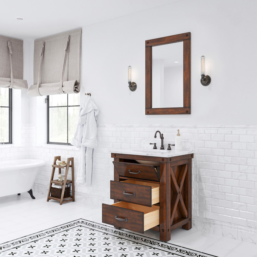 Aberdeen Vanity With Hook Faucet, Rustic Sierra, 30", Carrara Marble Top