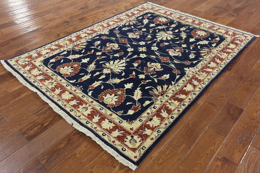 Oushak Style Pakistani Chobi Blue Floral Hand-Knotted Wool Rug, 5'x7'