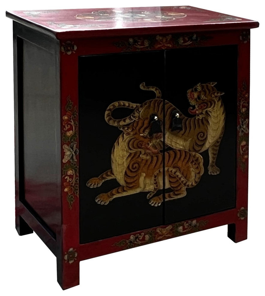 Tibetan Oriental Black Red Double Tigers End Table Nightstand Hcs7589