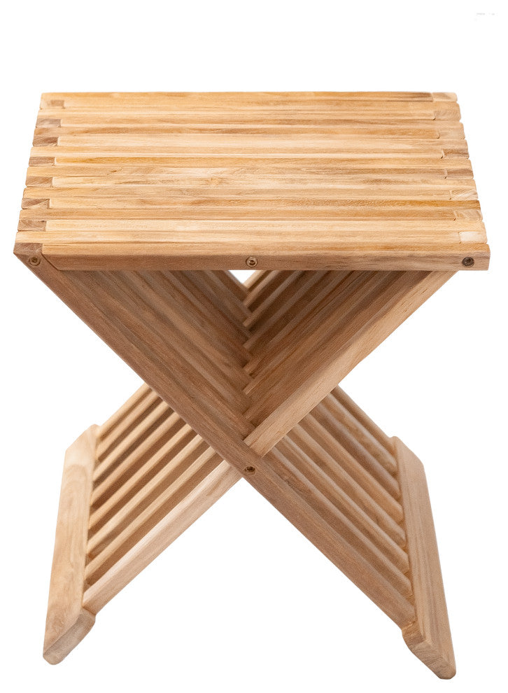 Nordic Style Natural Teak Folding Stool with Horizontal Slats