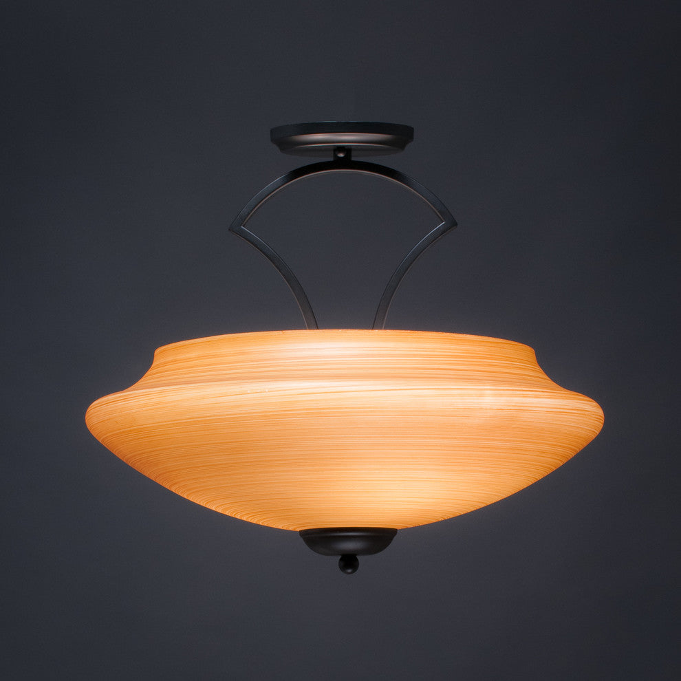 Zilo Semi Flush With 3 Bulbs In Matte Black, 18" Zilo Cayenne Linen Glass